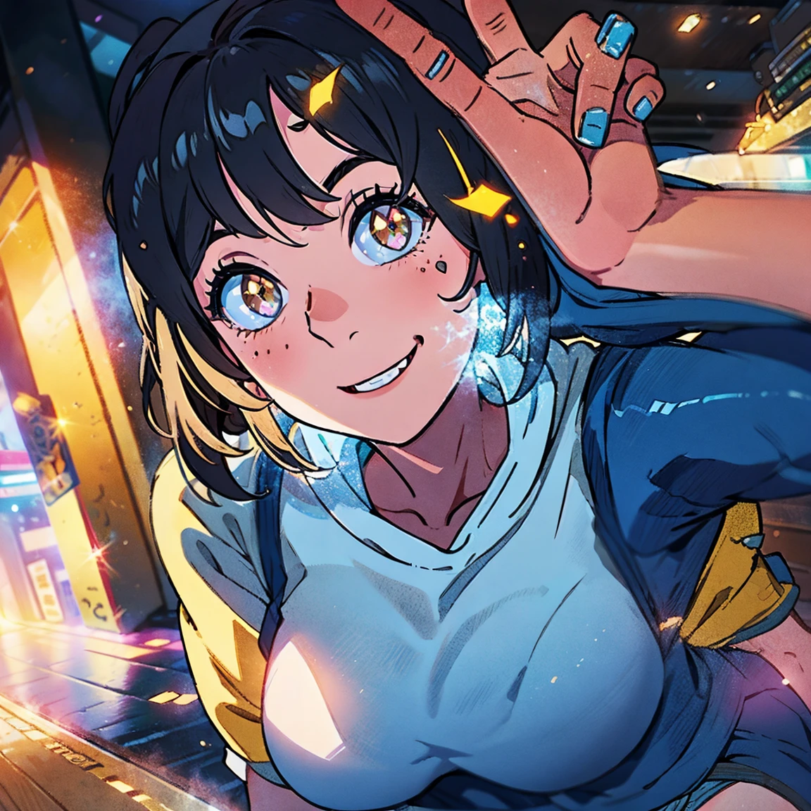((masterpiece)),(best quality),official art,extremely detailed CG,unity 8k wallpaper,ultra detailed,beautiful detailed eyes,extremely detailed face,outdoors,1girl,solo,upper body,(portrait:1.5),looking at viewer,facing viewer,smug,grin,black hair,long hair,hairclip,earclip,asymmetrical bangs,old town,night time,moon,neon lightsbrown eyes,blush,tan,collarbone,full body pose,cowboy shot,yoga pants,show tits, show
