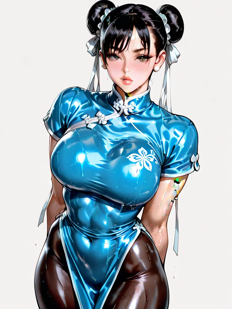 ((A woman modeled after the character Chun-Li)), Medium Hips, Bright Eyes, Very flashy,Huge breasts, Puffy nipples, tight, ((ultra Realist)), TM Ninja White, icon, cores Vibrants, Vector Style, Digital Art, 4K, Intricate details, charm, Professionally done, Beautiful vector illustration, 3d, Detailed description of all characters, ((Very detailed)), ((Vibrant)),((super high quality)), ((Hyperrealism)), ((Photorealism)), [Octane Rendering] , In the city, Lots of cars (Realist), Very detailed,
