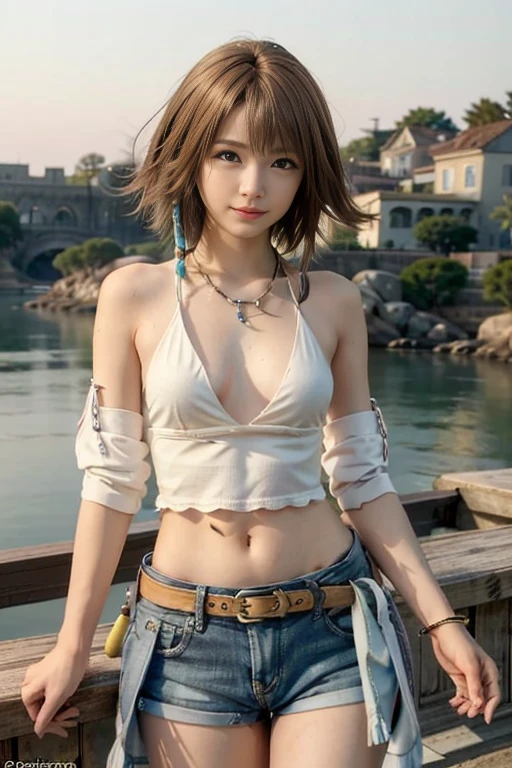 4k,1、(((topless))), High resolution, super detailed), 1 female, 28 years old, Final Fantasy Yuna x2, More mature, ((simple background)), plain background, ((There is nothing in the background)), surreal, Yuna's Final Fantasy costume, Yuna's original costume design from Final Fantasy X2, (((nsfw://www.Creative Uncut.。.。.and/Gallery-01/ff10-2-Yuna 2...html))), Denim shorts exposed to tatters, Features of asymmetrical clothing, belt on left hip, Optimal clothing simulation, not a necklace, 1 female, Windy nights, Yuna's Bob Hairstyles, Big breasts, cleavage, middle_chest, thick body, smile, , close up shot, shot from the front, zoomed in shot, Access HIPS image scope, smile with closed mouth, from head to waist, Characters looking at the camera, I'm watching you, Yuna FFX, blue bead earrings,(((Only the upper body is naked))),smile,(((amusement park))),(((show both sides)))