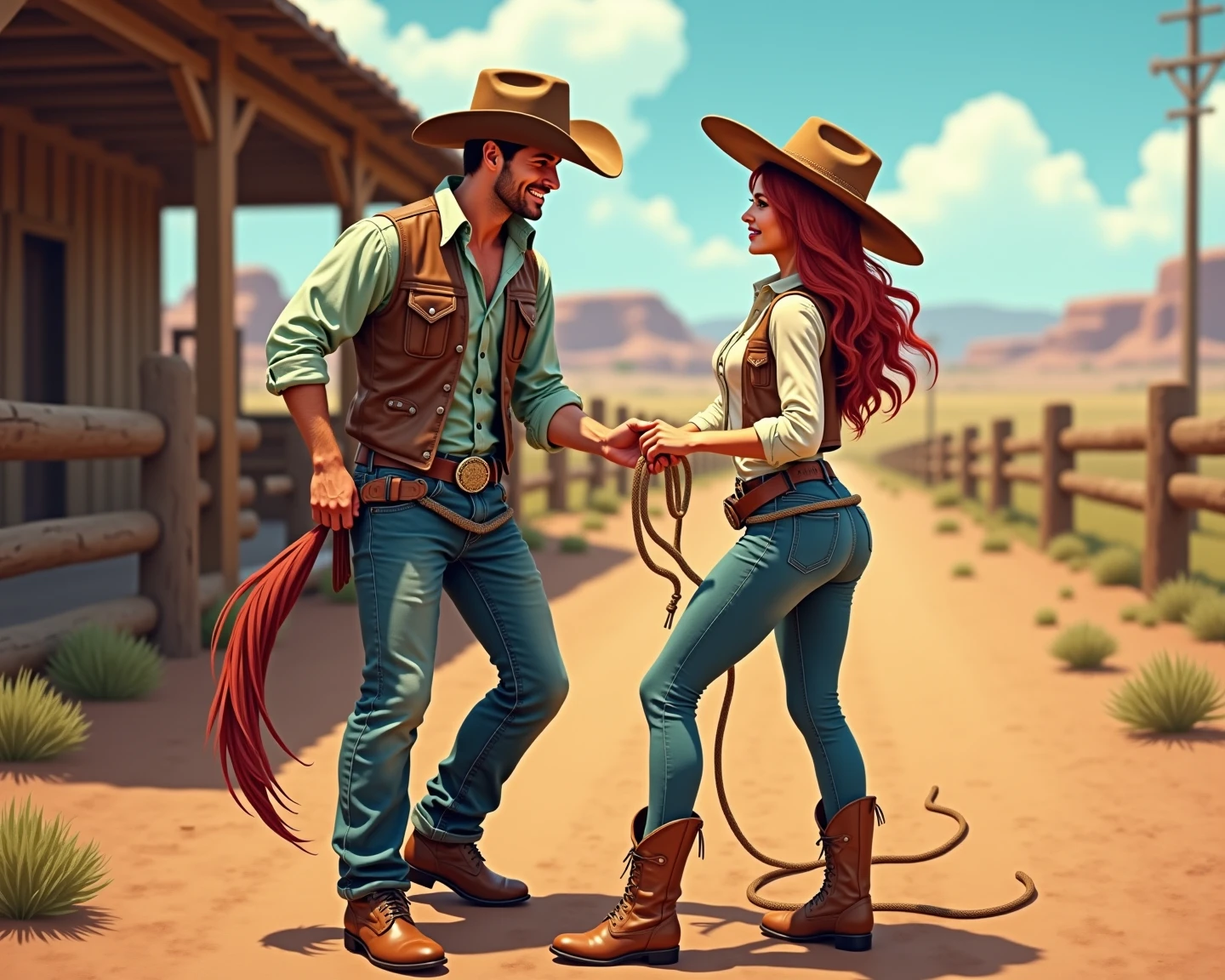 create a cartoon image where a muscular Korean man wearing a shirt rolled up to the elbow, dark jeans, black cowboy boots and hat, he is riding on a black hair and a red haired woman, with long, wavy hair is sitting behind him, wearing a pair of jeans, corselete e botas country. 