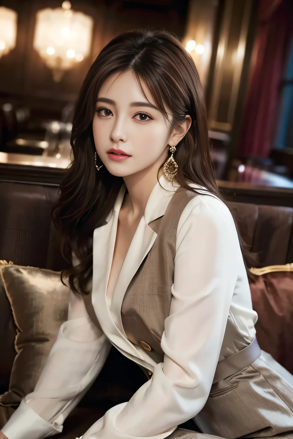 masterpiece, Highest quality, Realistic, Very detailed, Finer details, High resolution, 8k wallpaper, One beautiful woman, Wear a nice suit, In a great restaurant, At night, Light brown messy hair, Perfect dynamic composition, Beautiful and beautiful eyes、Big earrings、Sit on a chair、