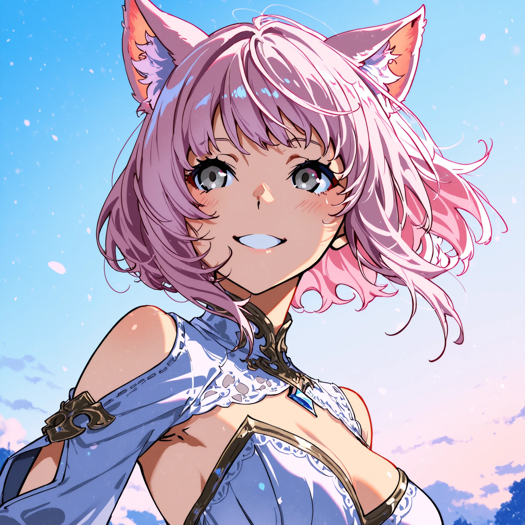 (yoneyama mai style), dynamic pose, half body, 3/4 angle, masterpiece, high quality, pale pink hair girl, short tidy hair, pale pink cat ears, bluish gray eyes, anime style, adult face, cute, smiling, sky background, ffxiv, miqote, fantasy clothes