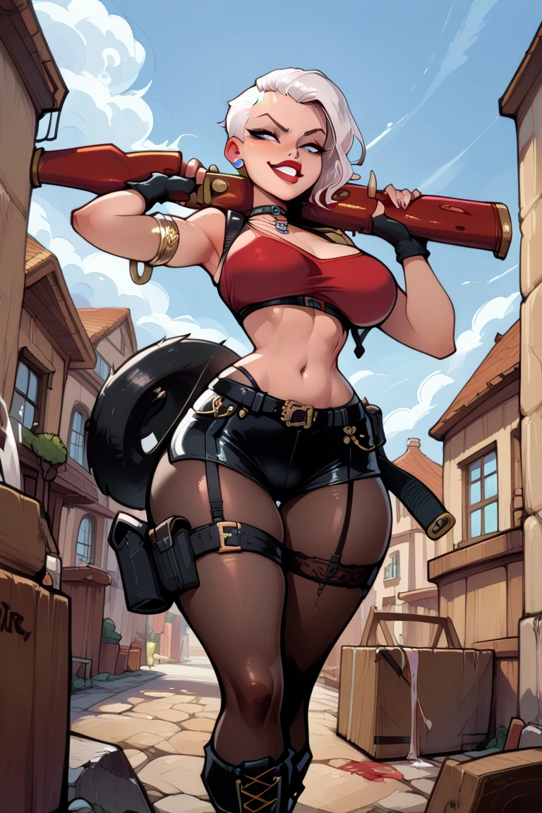 One girl, Rebecca \(cyber punk\), ((whole body, alone:1.5)), Blonde braids, glowing Red eyes,Laugh fearlessly, Leg Tattoos, Neck Tattoo, Large Breasts, Black bra, String, Red pupils, Leather Fang, Red eyes, Black jacket, ((With a big hammer、:1.5))、White Background,((Dynamic Angle、Dynamic pose:1.3))、