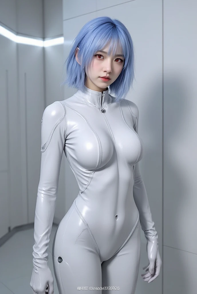 Masterpiece, 8k images, Futuristic silver-colored costume, Lieutenant Ellis of the mysterious flying saucer UFO, Shiny violet hair, Short Hair, Beautiful Face, Cute face, Beautiful delicate blue eyes, Quite large big breasts, Big cleavage, Large bust sagging, Outstanding proportions, Constriction of the waist, Accentuating body lines, Bust Sharp Hocus, (Bust protrusion:1.3), No Underfare, (Emphasis on the pubic bone), Natural Lighting,