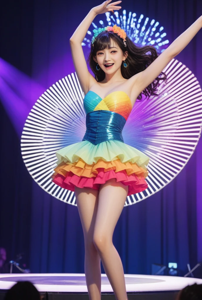score_9, score_8_top, score_7_top, score_6_top, score_5_top, score_4_top, Young and beautiful female idol dancing on stage at concert, concert, performance, (anatomically correct body structure), motion blur effect, stage, idol, idol singer, beautiful girl, ideal and detailed body type, Big Breast, tight waist, beautifully detailed thighs, detailed face, beautiful eyes, long eyelashes, detailed lips, perfect skin, graceful movements, dynamic pose, colorful lights, crowd cheering