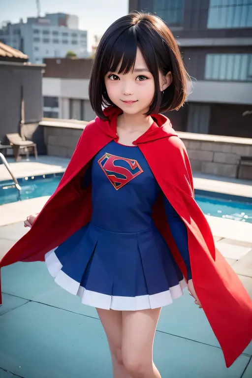 A very elementary school student is wearing Supergirl clothes..、masterpiece、highest quality、Spreading black hair、bob cut with trimmed ends、(flat chest)、lolicon、red cloak、short sleeve、pink heart shaped particles、Rooftop background with pool、whole body、smile、High leg、thin crotch
