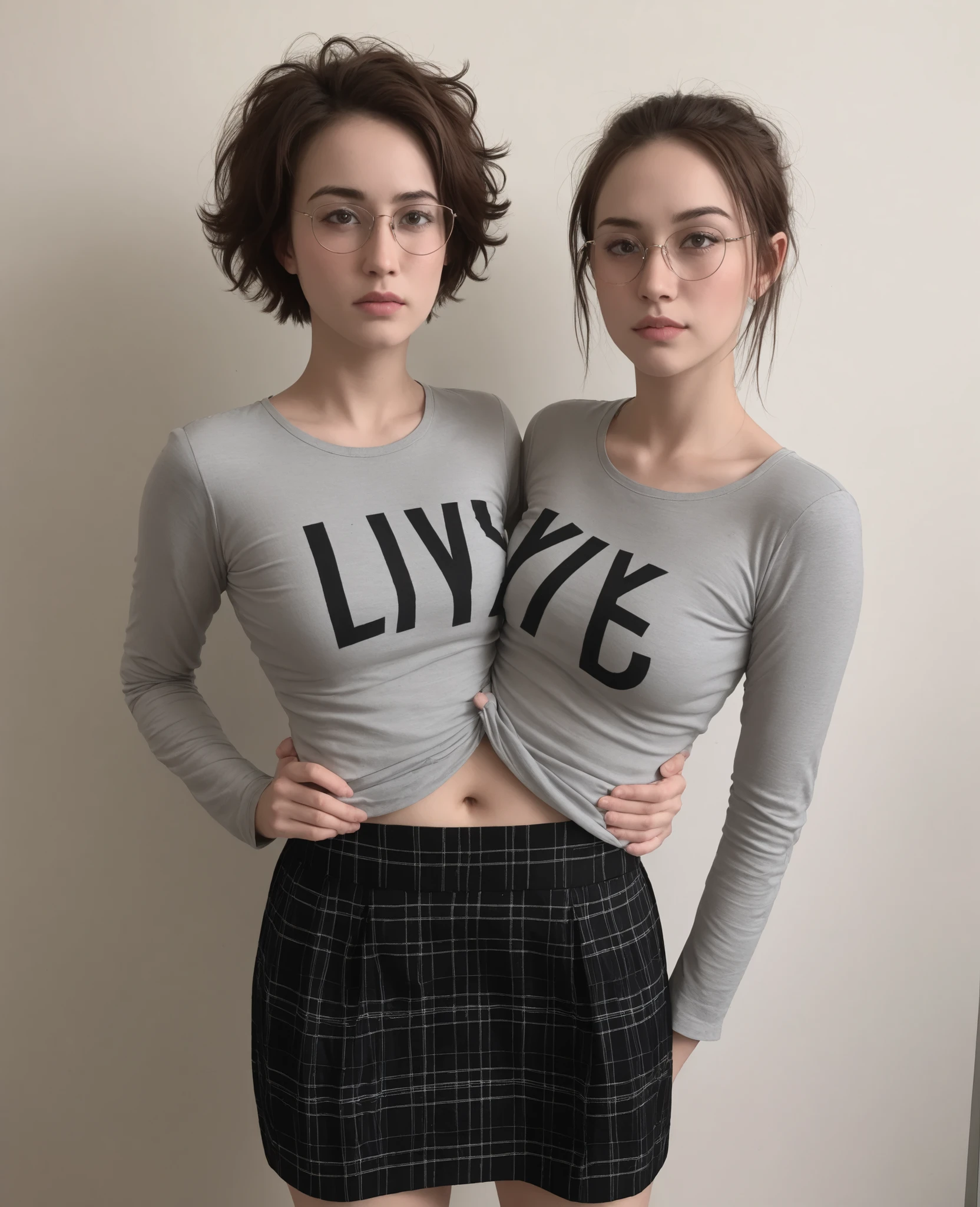 best resolution , 2 heads, woman with two heads , connected , short, reddish brown hair, messy cut hair, glasses, Mm, playful expression, in graphic tee and short punl skirt, one head nerdy, one head punk, round faces , long sleeves, waist, , waist, indoors,
