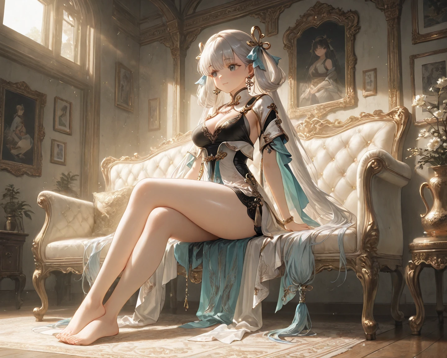 (masterpiece:1.8),(highest quality:1.8),(Very detailed:1.8),(8k:1.8),(Ultra-fine Illustration:1.5),,,Straight low twintail,Flat Chest,Small Ass,(High-grade metallic silver,,lingerie:1.4),(Prayer Pose:1.5),Vintage sofa,,(Full body angle), Stained glass, rainbow gradient,