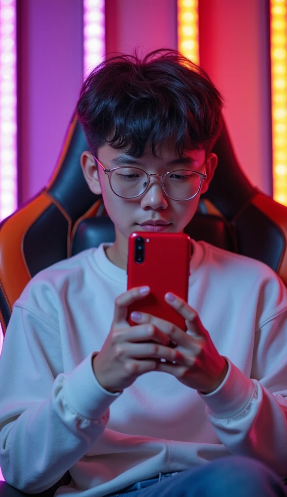 Make a photo for  profile like A  AI boy plays mobile game on Gaming chair with Red and Orange mass c
'SnapGamingYT ' be come unter the photo 

