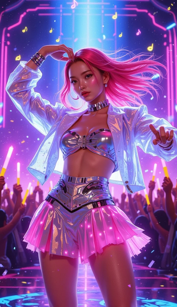 A high resolution, (Masterpiece:1.4), ultra - detailed,Beautuful Women，closeup cleavage，Idol singer,Stage costumes，be on stage，（holding a mic：1.3）， looking from above, the space, afloat， --v 6