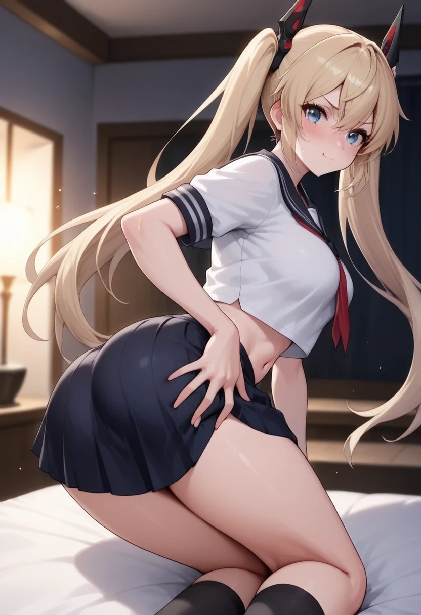 One Girl,In 8K, Highest quality, The real picture, Intricate details, Ultra-detailed,(From below:1.8)、(Sex from behind:1.8)、(White panties:1.3),、(school uniform:1.3), (plain white clothes around the waist:1.5), (West Knot:1.3), (white collared-shirt:1.4), ((white collar, Unbutton, Short sleeve):1.2), (Red checkered pleated skirt:1.3), ((necklace, Colorful Bracelets, x Hair accessories):1.2), Very detailed、(8K, RAW Photos, Highest quality, masterpiece:1.2), (Very detailed 8K 壁紙),shape、Professional Lighting,Sharp focus, Written boundary depth、 Browsing Caution、Clear Eyes、Perfect Anatomy、With a girl、15-year-old student、、Plump thighs、blue eyes、blonde、、(Black thigh-high socks)、 bed 、(Remember)、High Ponytail