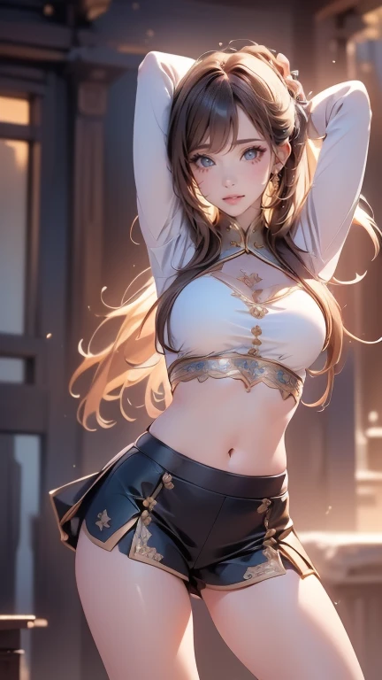 Perfect, masterpiece, (best quality, highres:1.2), 1girl, beautiful detailed eyes, beautiful detailed lips, extremely detailed eyes and face, long eyelashes, medium:oil painting, vivid colors, HDR, studio lighting, ultra-fine painting, sharp focus, physically-based rendering, extreme detail description, portraits, ((organized fingers)), curvy body, big breasts, perfect shape, facing viewer, sweaty, gorgeous, ((arms up)), sleeveless bodysuit, smiling, tongue out