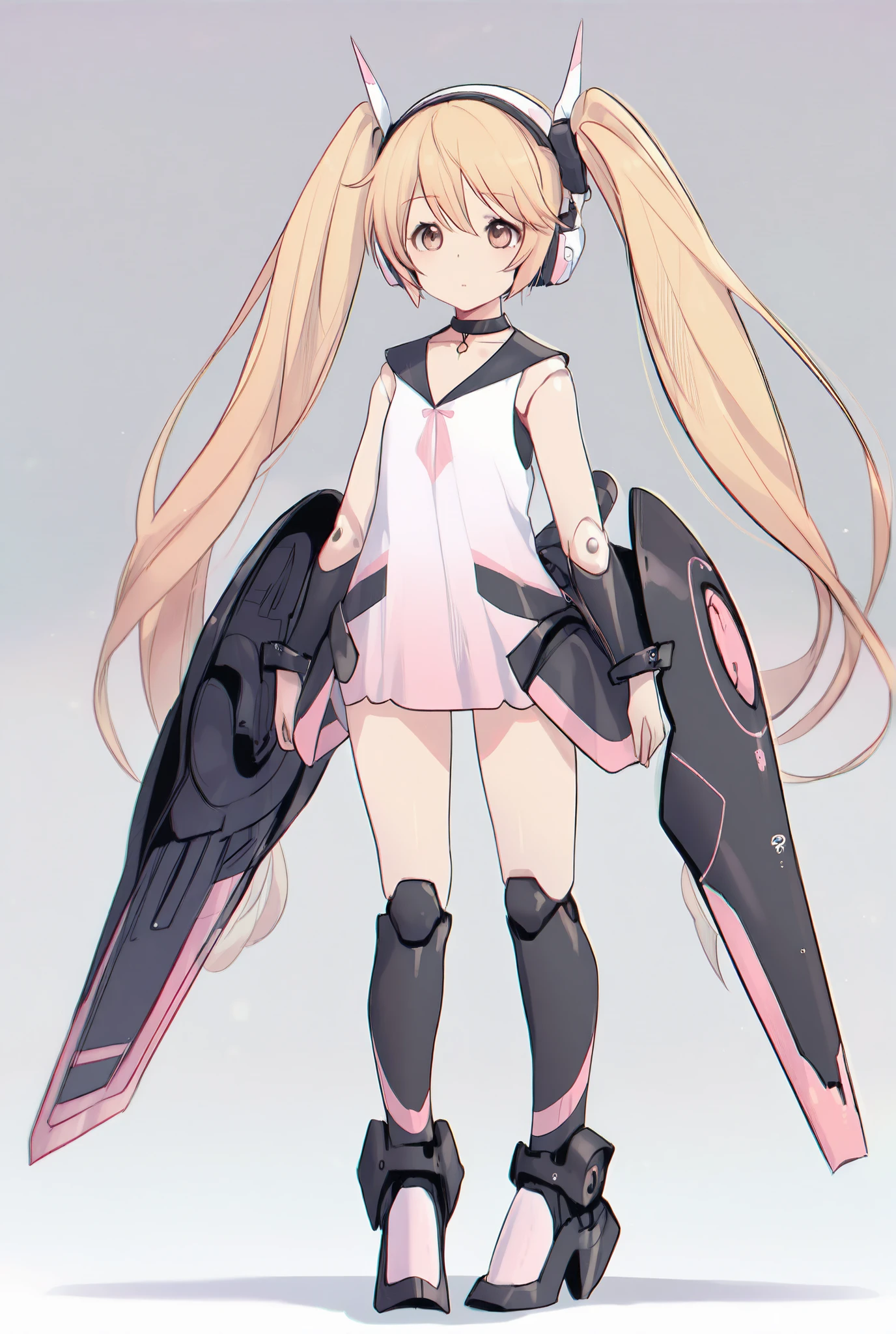 masterpiece, best quality, ultra detailed, anime style, 1girl, futuristic mech armor, robotic limbs, exoskeleton legs, pastel pink & black & yellow color scheme, long blonde twintails with headphone-like accessories, big brown eyes, small mouth, choker necklace, sleeveless mini dress, smooth skin, soft shading, white background, innocent expression, full body, detailed mechanical foot armor, articulated toe joints, reinforced heel plates, glossy plating, pastel pink & black accents, intricate panel details, clean linework, expressionless, , aged down