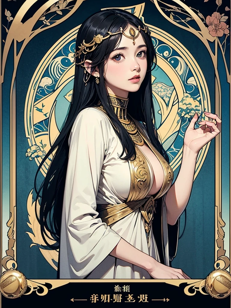 Art Deco style, alphonse mucha style, portrait of a beautiful woman, small breasts, intricate dress, soft smile, red lips, blue eyes, black long hair, messy hair, Long-exposure, Arabesque, Custom Bokeh