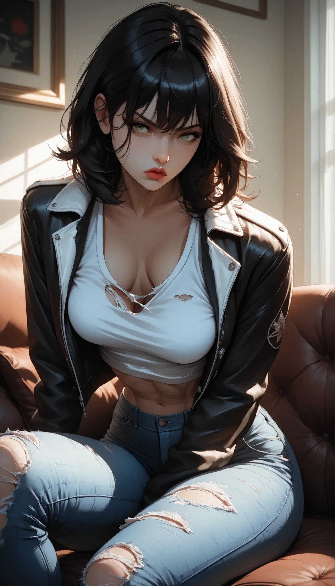 (masterpiece:1.2), (best quality:1.2), ultra detailed, 8k, watercolor, cinematic lighting, volumetric_lighting, rim light, soft shadows, ((forced_perspective)), (Diminishing scale perspective:1.3), (solo, solo_focus, upper_body) BREAK (1girl, black_hair, green_eyes, medium_hair, hair_between_eyes, long_bangs, black_lips, full_lips, medium_breasts, sitting_on_couch, amused, legs_pulled_up) BREAK (varsity_jacket, crop_top,, black_shirt, word_on_shirt, ripped_jeans) BREAK (indoors, living_room, clutter, black_leather_couch), (lora:Yandere Queen:0.85), (lora:Detail Tweaker XL:0.65), (lora:Fantasy Western Anime:0.45), (lora:Dark Realism (Anime):1.0), (lora:Dramatic Chiaroscuro:1.0), (lora:Vampire Hunter D Bloodlust Style [Pony XL]:0.3)
