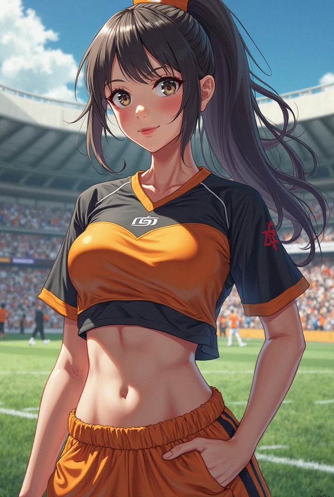 beautiful girl runner, 16 years old, Prepare to practice running, Lean over to tie your shoelaces..., black hair, Ponytail, smooth, smile a little.., wear glasses, ((Wear a sleeveless sports bar..., Turtleneck, black and yellow shorts, (Under the breast))), The abdomen has sexy lines..., yellow running shoes, in the stadium stands, anime, high resolution