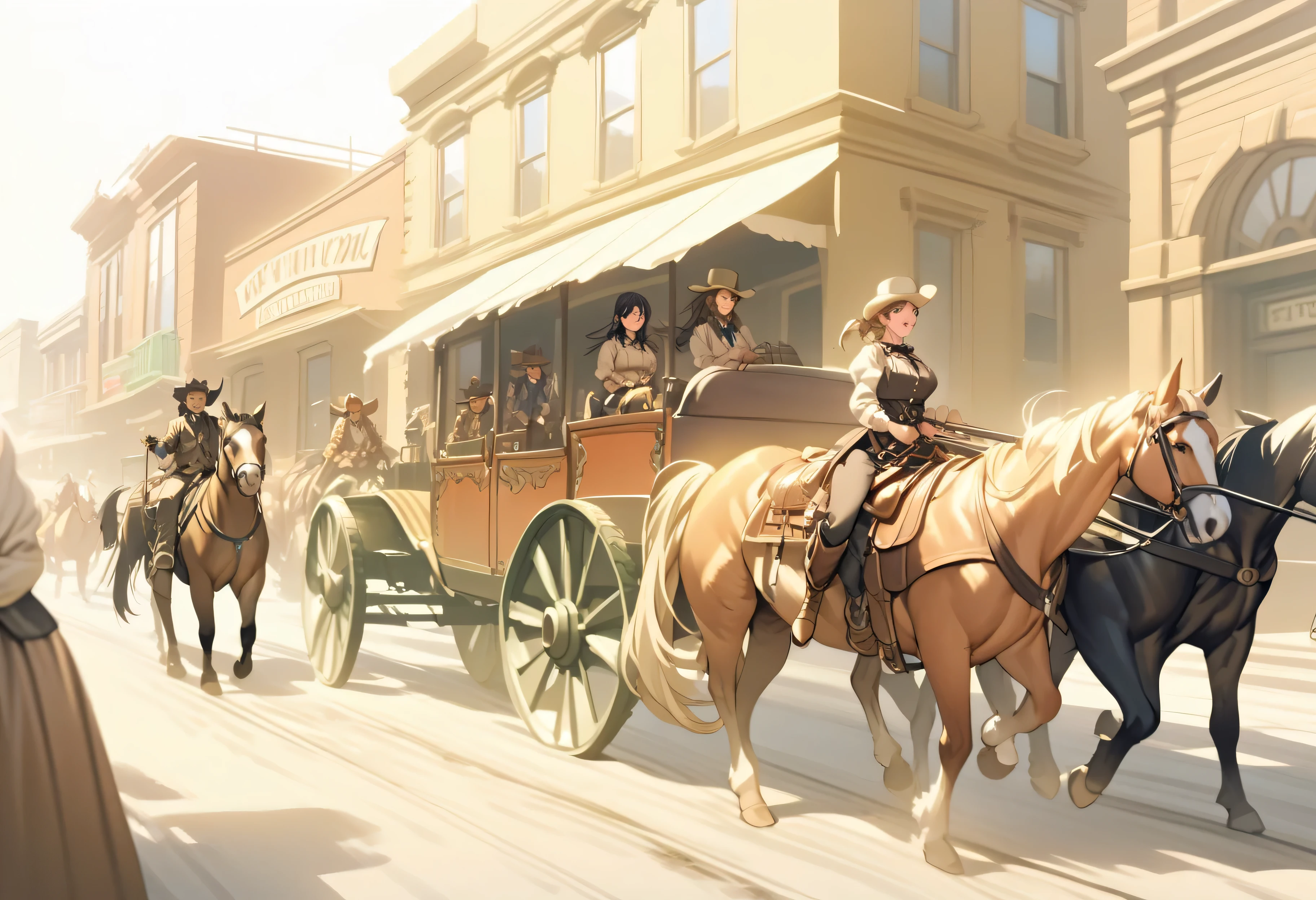 (Masterpiece: 1.0). Absurdres. Highly detailed. Two girls in Victorian era period costume have arrived in Dodge City, Kansas, circa 1880 period. Artistic style of Frederic Remington. Cowboy atmosphere. Authentic 1880s period details. No automobiles, telephone poles or wires, please. Wild West setting, with saloons, stagecoach, horses and gunslingers in the broad muddy street. 2girls. Hanekawa Tsubasa and Kazami Mizuho. One girl is carrying a green hurricane lantern, the other girl has a horse pistol. Best quality, realistic, 8K, professional, highly detailed, masterpiece, detailed background, daytime, natural sunlight, ultra-fine painting, detailed background, Hanekawa Tsubasa, Kazami Mizuho, mature, rendered in anime style, surprised expression, detailed facial features, standing posture, realistic skin texture, realistic clothing folds, daytime, sunlight, midrange shot, Wild West environment, warm color palette, dramatic lighting