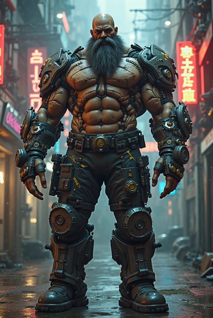 An old but large and muscular man with cyber punk style mechanical arms