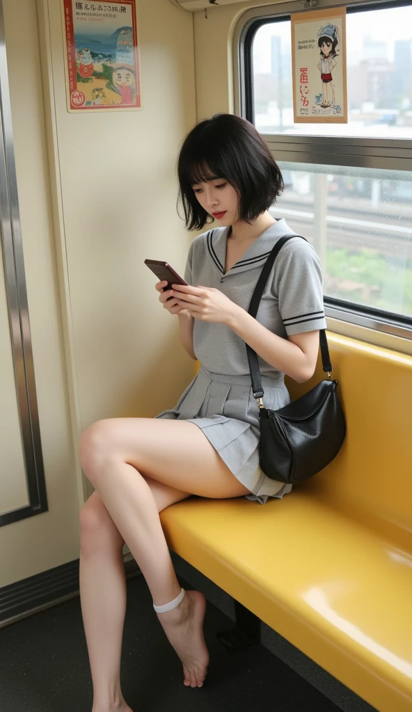 A young girl wearing shorts and a casual top, sitting on a train, viewed from the front. She has thick thighs and is showing more of her legs, with a relaxed expression. She has a shoulder bag beside her. The train interior is modern, with large windows showing a cityscape outside. The seats are comfortable, and there are other passengers in the background, creating a lively yet calm atmosphere.