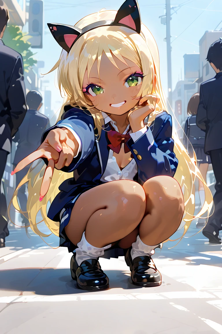 Very detailed, Absurd, Ultra-high resolution, Super detailed, Highest quality, One girl, alone, Nice hands, Perfect hands, Break Lanky,Gothic Dress,Nylon clothing,Denim dress,Saddle Jacket,Red tartan check pleated skirt BREAK (Grin, Wicked Smile:1.2), Open your mouth, Blake Slender Standing, cute, Perfectly symmetrical face, 超cute girl, 超cute face, Very detailed目, Super detailedな髪, 超cute, Super beautiful, Break in Harajuku, Shibuya Ward, Tokyo, street, crowd, Cityscape, Blake Medium Large Bust, Blonde, blue eyes, Twin tails, squatting, spread legs, white thong, peace sign,
