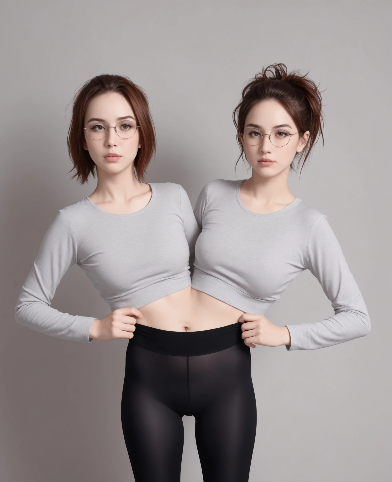 best resolution , 2 heads, woman with two heads , connected , short, reddish brown hair, messy cut hair, glasses, Mm, playful expression, in graphic tee and yoga leggings, one head nerdy, one head punk, round faces , long sleeves, waist, , waist, indoors,