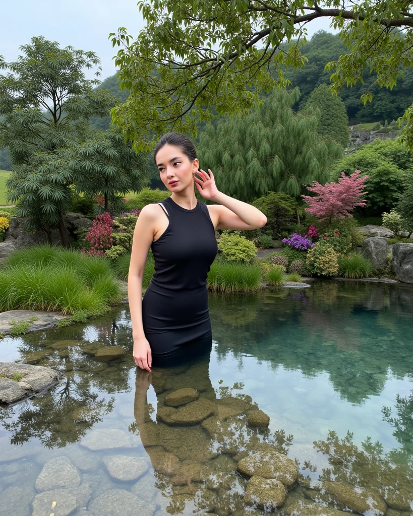 Vast landscape photo, (from below, the sky above), a girl, characters account for 0.6, summer countryside, lotus pond, lotus flowers, cool clothes, skin sweat, (solo: 1.2)