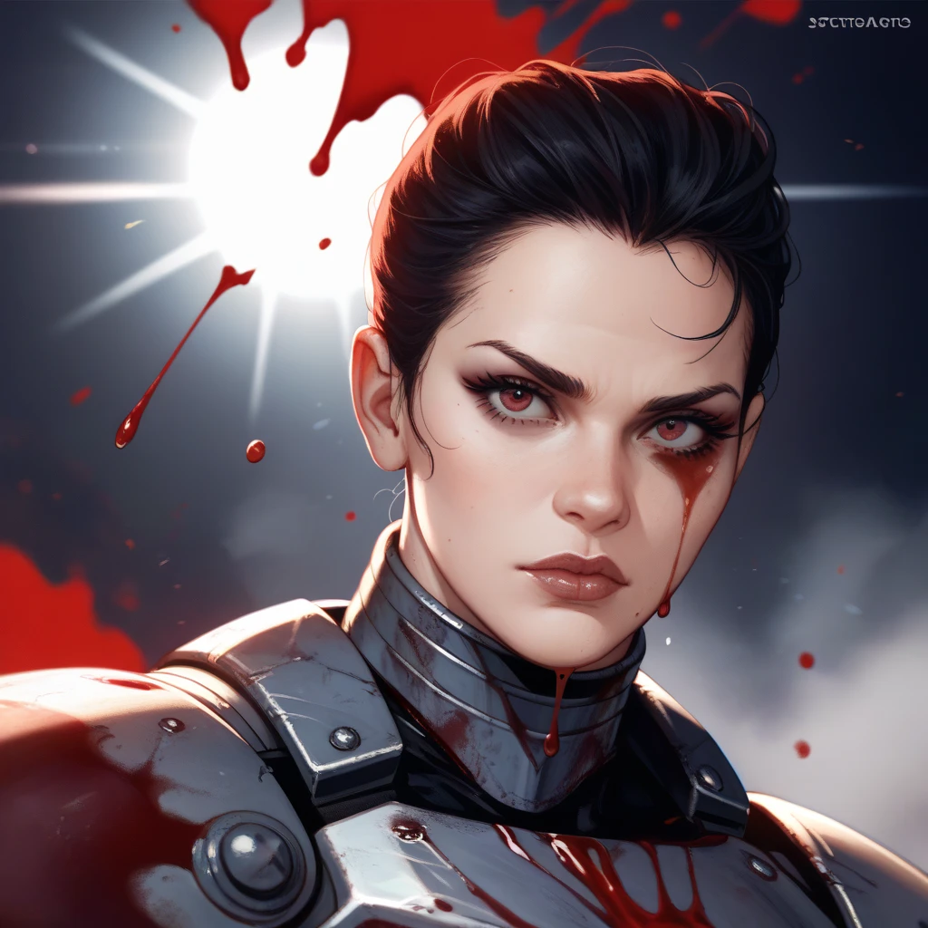 Dona Florinda in special strength suit, natural , high resolution, realistic art, fighting zombies, 1 mature female, 1 milf, solo, in installation of white color, blood splatter.