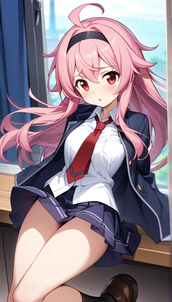1girl, solo, anime coloring,
long hair, pink hair, red eyes, seductive smile, small breasts, white shirt, red bowtie, hairclip,
masterpiece, best quality, very aesthetic, absurdres,Stripes々Panties、Panties in full view、Skirt fully visible、Without skirt、Panties fully exposed