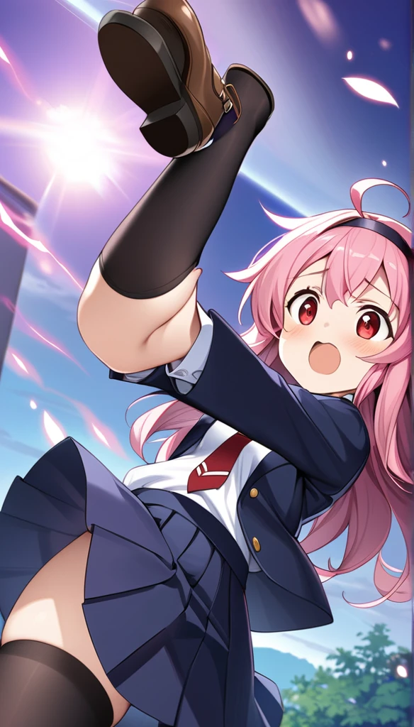 cute, round eyes, pretty, , red necktie, brown shoes, small girl, indigo school uniform jacket, white school uniform shirt, floating hair, indigo school uniform skirt, very messy hair, ahoge, pink hair, spiked hair, long hair, red eyes, black hairband, 1girl, full black stocking, best quality, amazing quality, very aesthetic, highres, incredibly absurd, masterpiece, manga, japanese anime, elsword art style,裸、裸体、乳首、乳首見えてる、下着、貧乳、