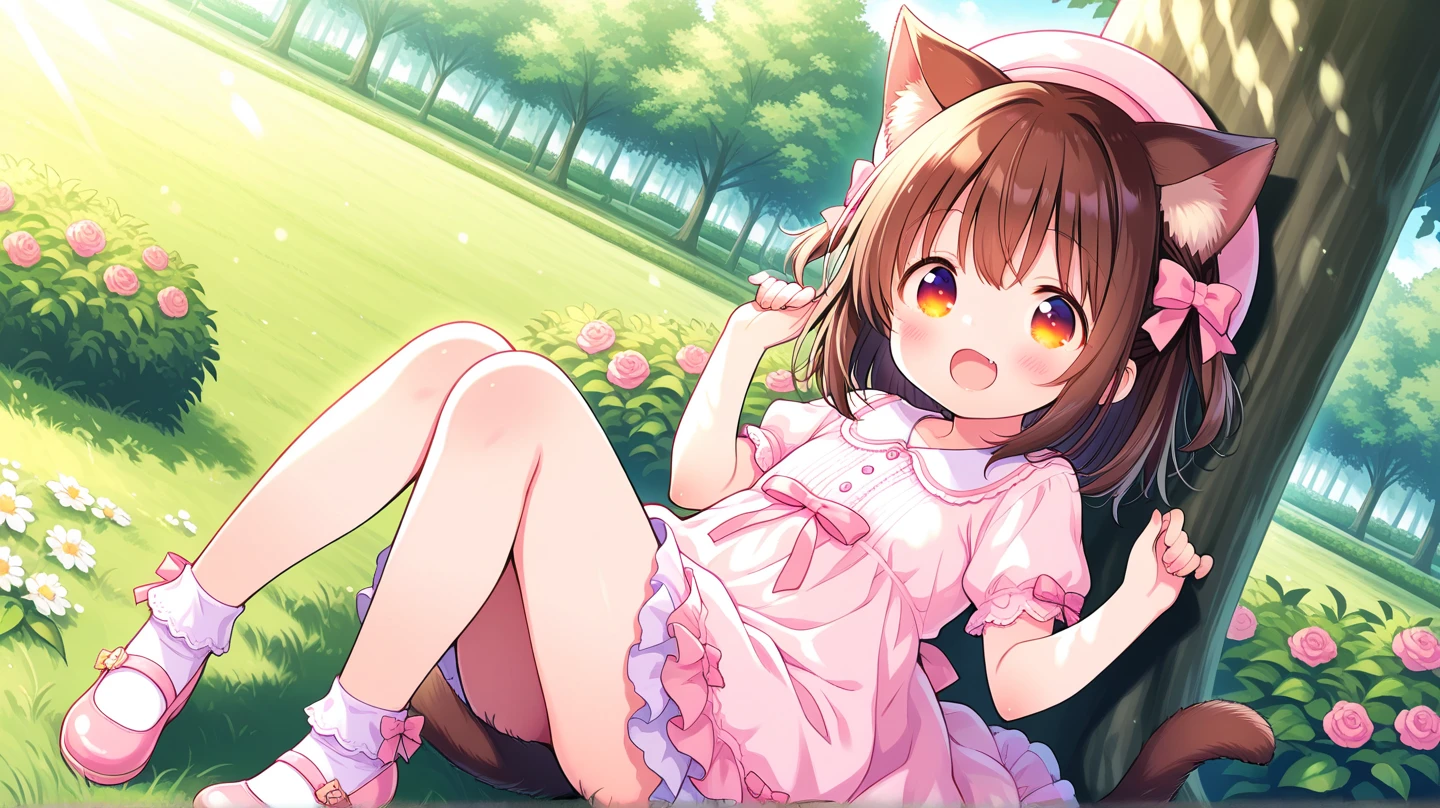 (masterpiece), highest quality, High resolution, very detailed, detailed background, perfect lighting, outside, 1 girl, Cherry tree in full bloom、light brown hair、bright red eyes、Small fox earimi is facing forward、Dark blue and white maid outfit、full body, wearing pink Randoseru Backpack, (Randoseru Backpack:1.0), white dress, Day light, brown eyes, dappled Day light, Day、topless、underless、nipples are visible、The cracks are visible、、