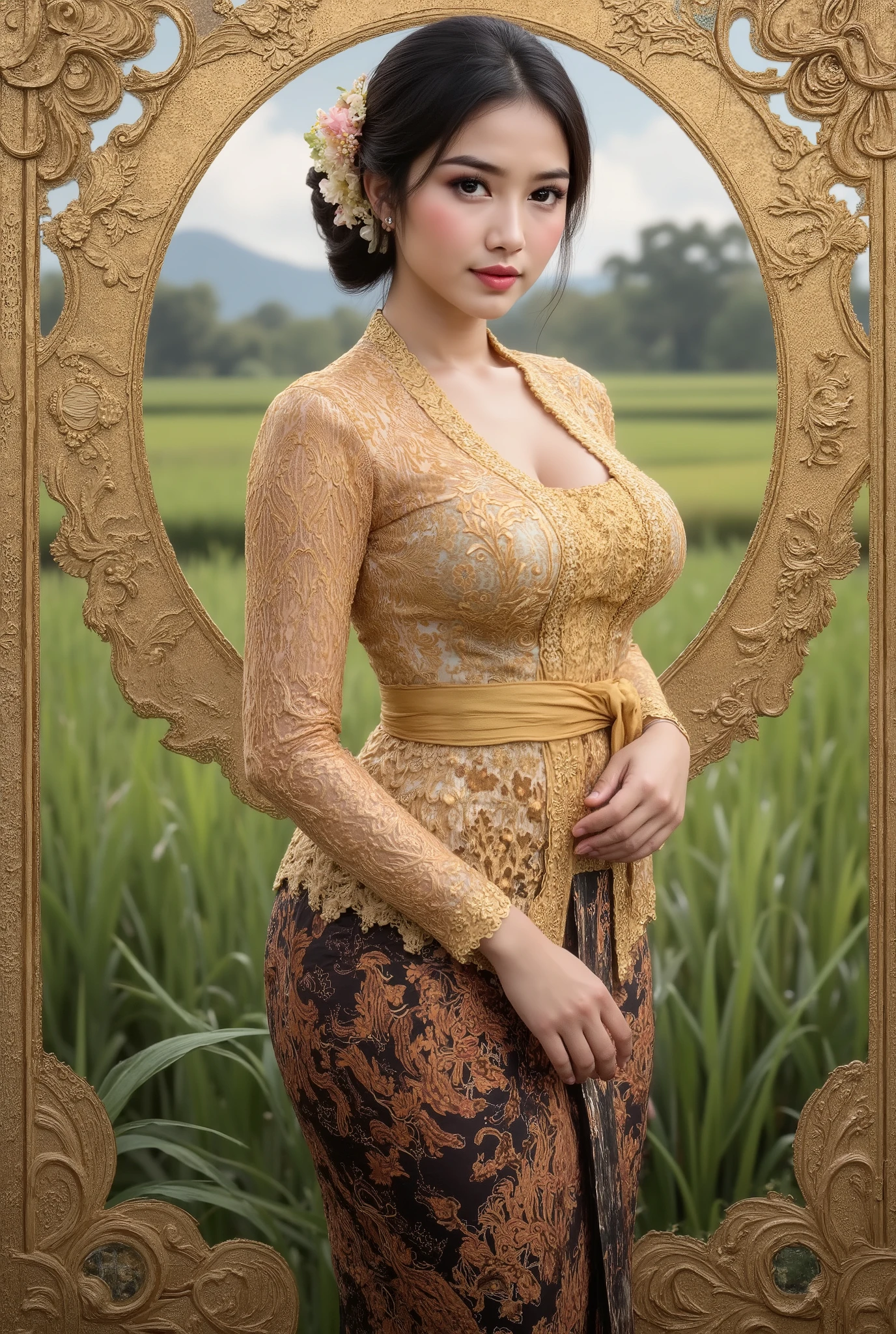 Capture an award-winning editorial fashion photograph of a beautiful busty Javanese peasant woman donning a brocade kebaya dress and batik long skirt, simple bun hairdo with small beautiful flowers in her hair, insanely detailed and intricate rice field background, oil on canvas painting, realistic style, heavily influenced by Don Lawrence photorealistic brush stroke style.
