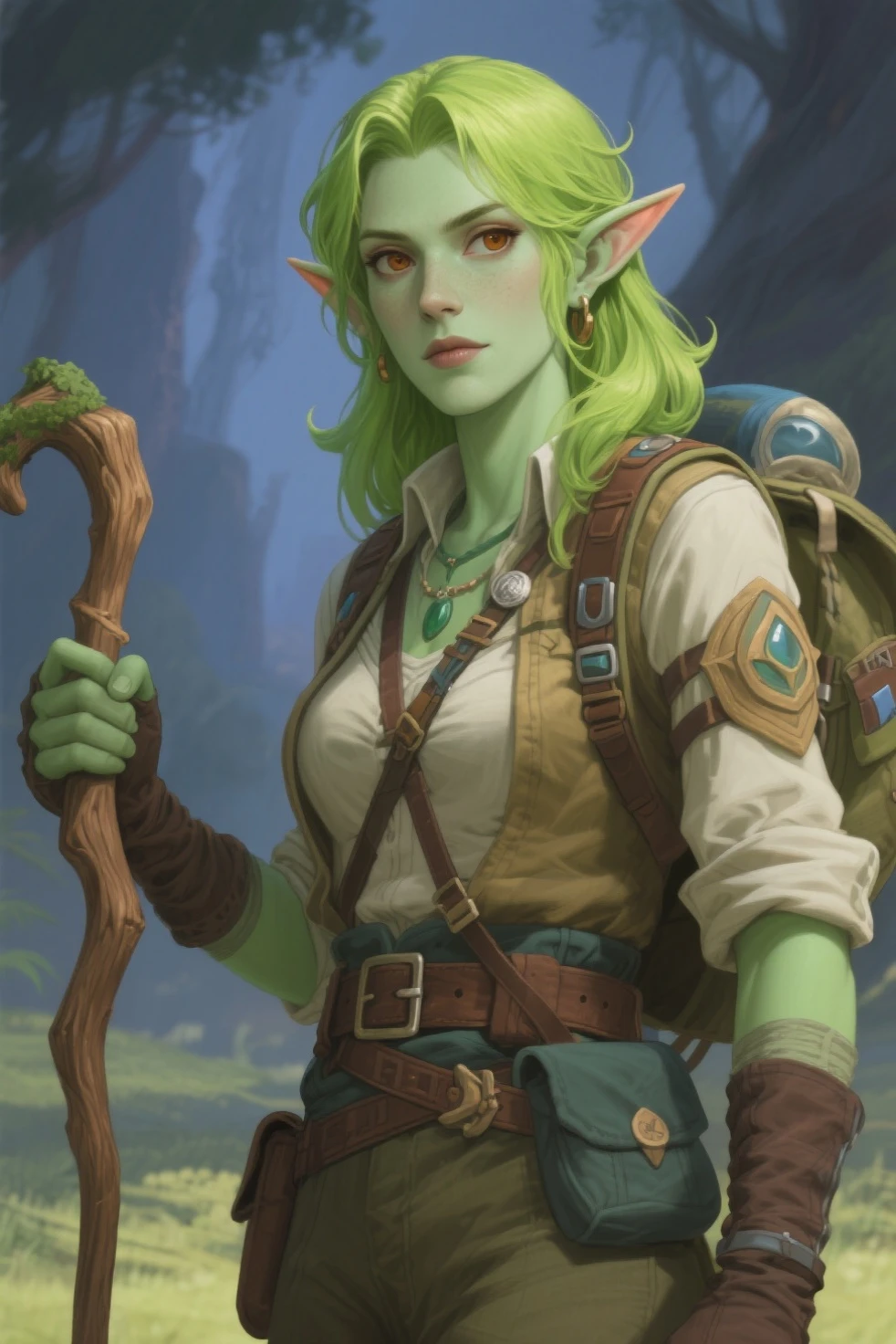 Solo, female, orc, (green skin), linen tunic, fantasy village, muscular, armor