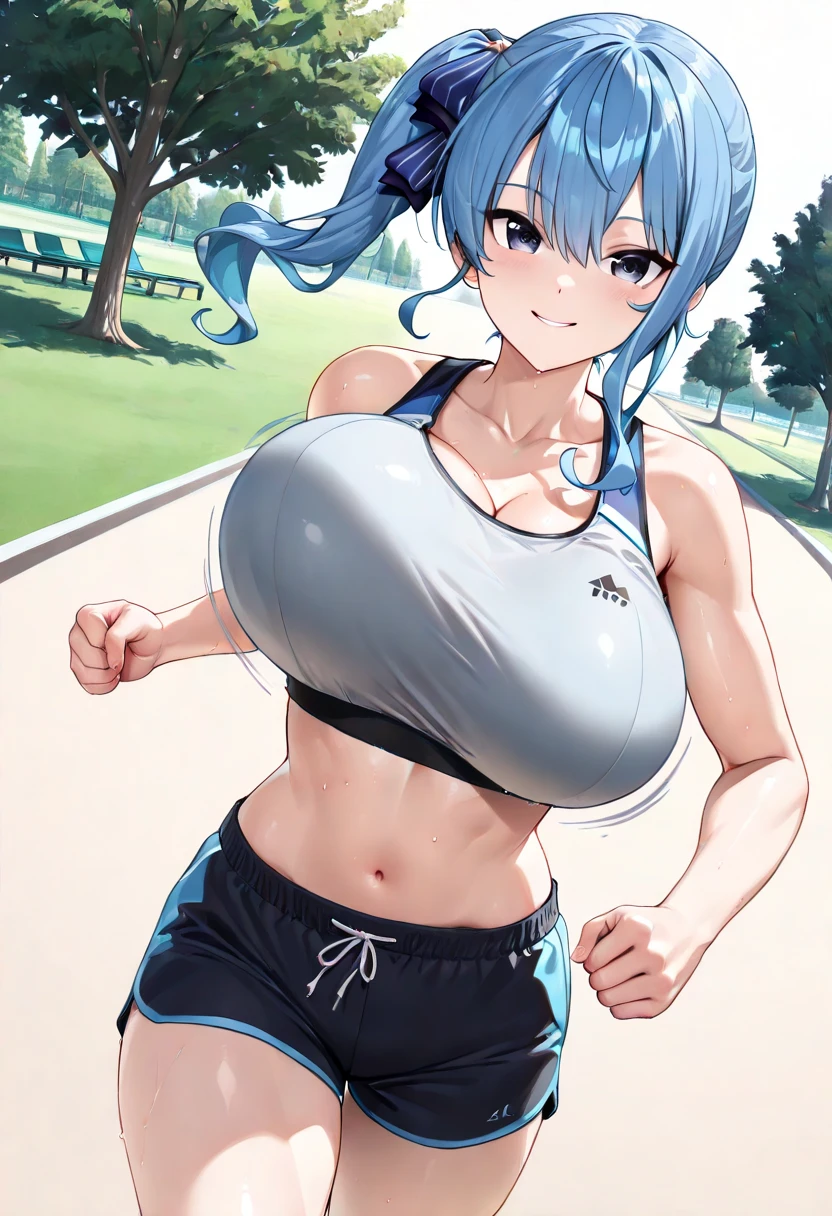 gym, masterpiece, highest quality, 1 girl, solo, flora, skyblue yoga pants, skyblue sports bra, An athletic body, (huge breasts), sweat