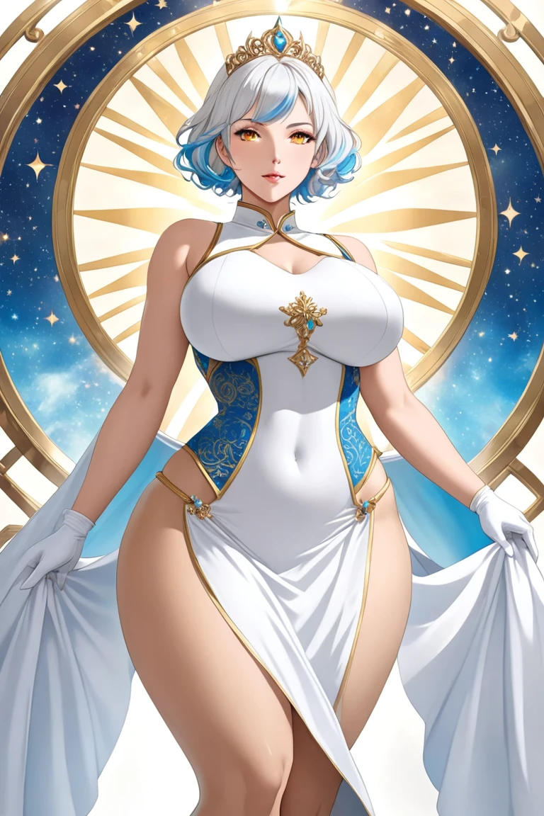 (best quality,masterpiece:1.2),intricate details,beautiful detailed eyes,beautiful detailed lips,extremely detailed eyes and face,longeyelashes,riamu, modeseven,super curvy,comic style,vibrant colors,standing,innocent, full body, standing, smile, princess dress, noble clothing, holy angel magicalgirl, open mouth fang, holy haura, halo, smile, joyfull, paladin, staff holding, full body , boots, standing,cute,breast, curvy, female,fantasy goddess,there is a cartoon picture of a woman with a very large breast, glowing angelic being, glowing holy aura, inspired by Luma Rouge, the non-binary deity of spring, ethereal rainbow nimbus, the butterfly goddess of fire, inspired by Marie Angel, glowing aura around her, astral fairy, as the goddess of the sun, “uwu the prismatic person, big breast, happy, beautiful eyes, , full body, walking, long robe, long dress, ,priestess ,holy, smile