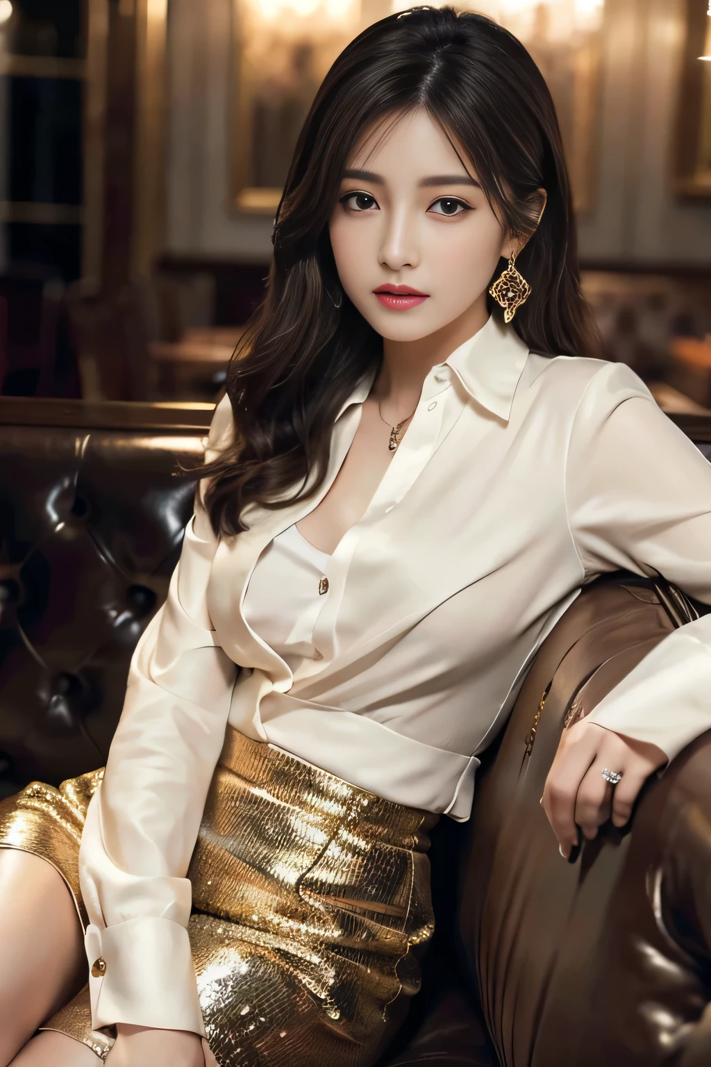 (1 female), beautiful, Great face and eyes, Compensate, (Very detailedbeautiful顔), Captivating smile, (highest quality:1.4), (Very detailed), (Very detailed CG synthesis 8k wallpaper), Very detailed, RAW Photos, Professional photography, (Dark colored suit, White mini skirt:1.2), (A business shirt with a wide open chest), length, light brown, Long straight hair_Hair reaching down to the waist、gold necklace_Large earrings