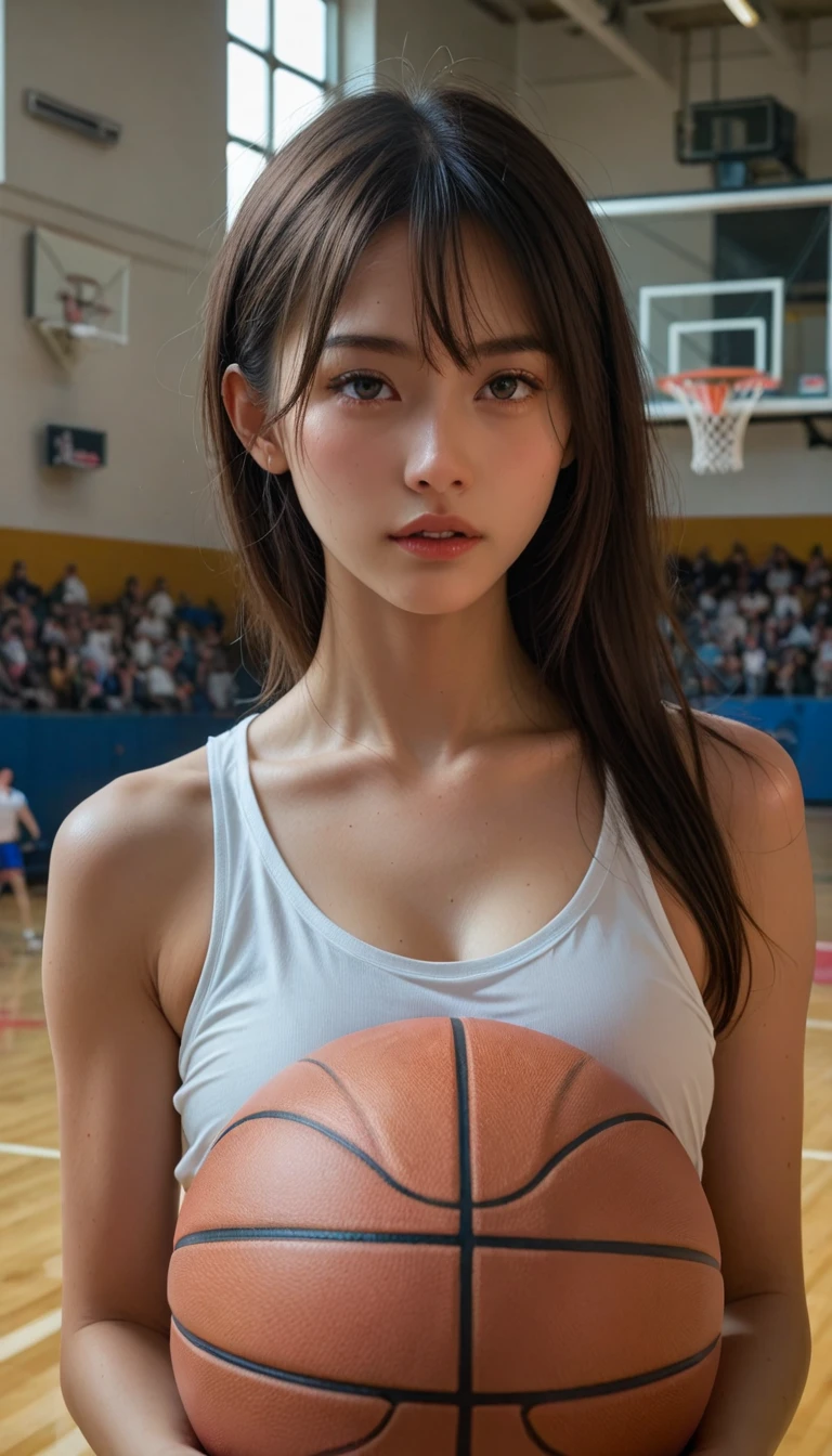 4K,masterpiece,High resolution,Very complicated,Realistically,((Sweaty 1.5)),((Shiny skin 1.5)), whole body,Summer noon, Play basketball,Basketball Pose,Basketball Uniform,Thighs, 1990s\(style\),White skin,(Sweaty cleavage 1.2), (Highest quality), (High resolution), (Extremely delicate and beautiful),Beautiful 8k face,(Brown eyes),(Beautiful breasts),(Basketball Sportswear),((Play basketball)),((Basketball court background)),, closeup cleavage,Highest quality, RAW Photos, Realistically, Cute face, Buatigarh, Adorable, Pink shorthair, Depth of written boundary, Super detailed, Cinema Lighting
