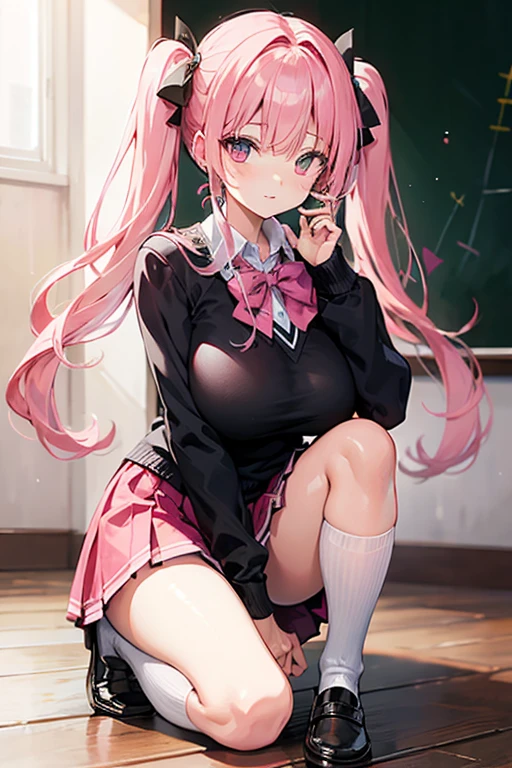 (masterpiece、highest quality、Super detailed)、((One girl))、((Pink Hair))、((Twin tails))、((Light blue eyes))、evil smile、((Grin))、Earrings、((Very large breasts))、Black bow tie、((White shirt))、((Black pleated skirt))、socks、Loafers、sitting, knees up、Gym storeroom
