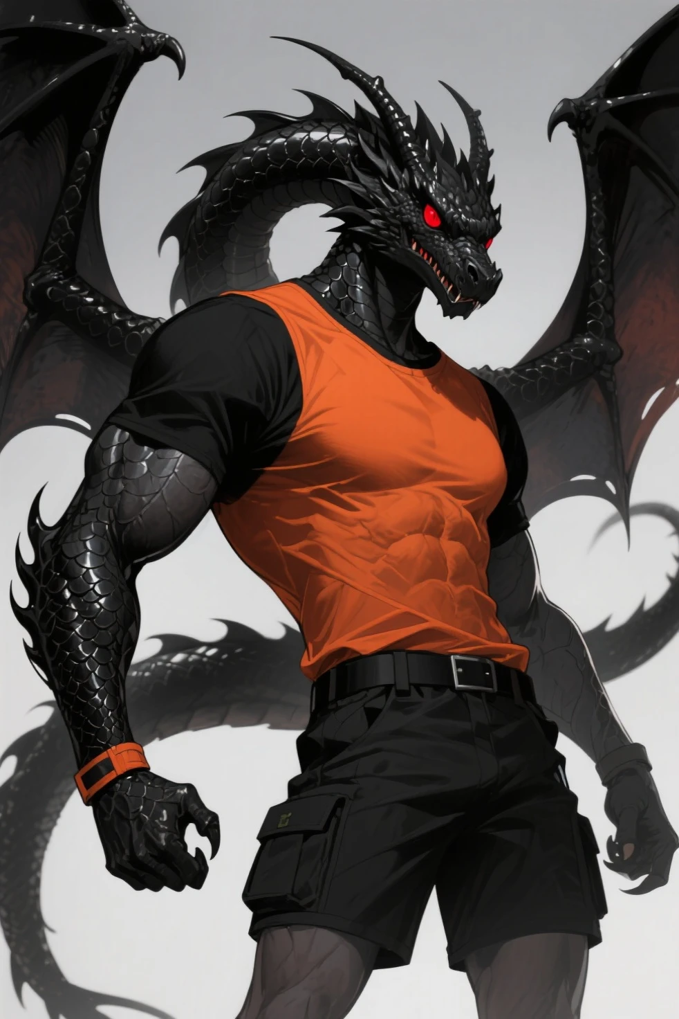 black wolf, muscular , orange eyes, lava scars, chains, black sleeveless shirt, shorts negros, dragon wings 