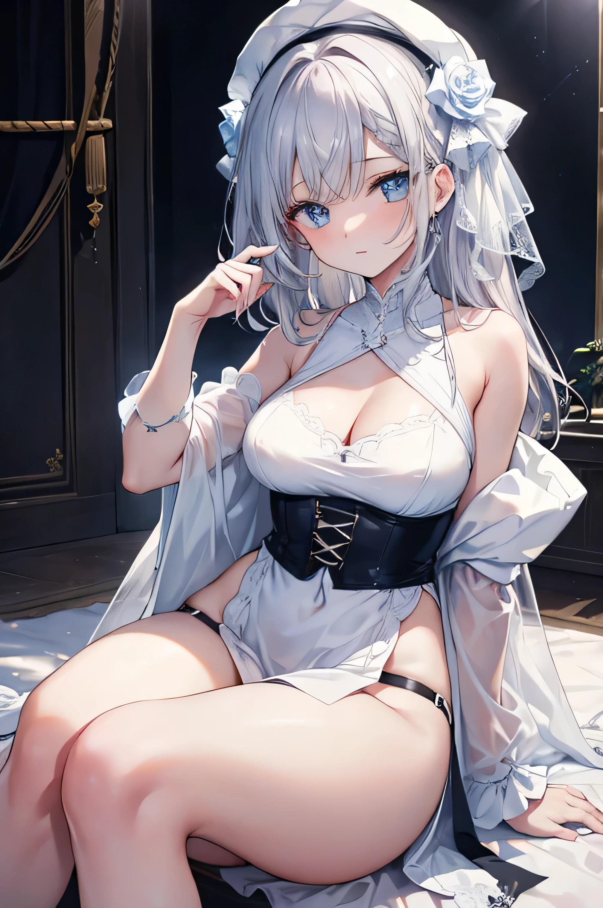 Highest quality, masterpiece, Gray Hair, Golden Eyes, White clothes, look up, Upper Body, hair, Fair skin,Side braid, Highest quality, masterpiece, 4K, Highly detailed face, Highly detailed skin, Highly detailed wallpaper, Japanese anime, Second Dimension, Small face, Big Breasts, Normal body, Accurate body, Fine skin, Very beautiful cleavage, NSFW, whole body, One girl, A face that makes you want to have sex, On the bed, Sweaty, Cosplay, , mini skirt, Lying on your back, Lift up your skirt yourself, Spread your legs, A little sister character who loves her older brother