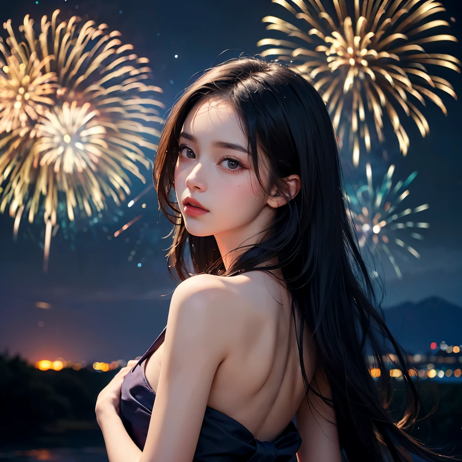 (20-year-old Japanese beauty),solo, masterpiece, High resolution, High detail, Highest quality, Very detailed, Ultra high definition, Textured skin, ((Ray Tracing)), Natural Light,Cinematic light effects, ((realism)), ((Surrealism)),8k octane, ((Natural Makeup)),Portrait Photography, Aperture value F1.8, (((Small breasts,C cup,Black Hair, Shiny Hair, ))),(((Fireworks bursting in the sky))),((Tying up hair, ribbon)),