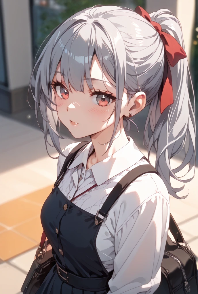Young girl with grey hair, ((fringed and curly hair)),((curly short twintail)), curly hair ,(red eyes),, ((small bushy eyebrows)), wearing gothic lolita clothing, lolicon , to school, bored eyes, bored face, girl sucking penis cum bubbling out her mouth, in a street, girl giving a deepthroat blowjob to male, multiple vignettes