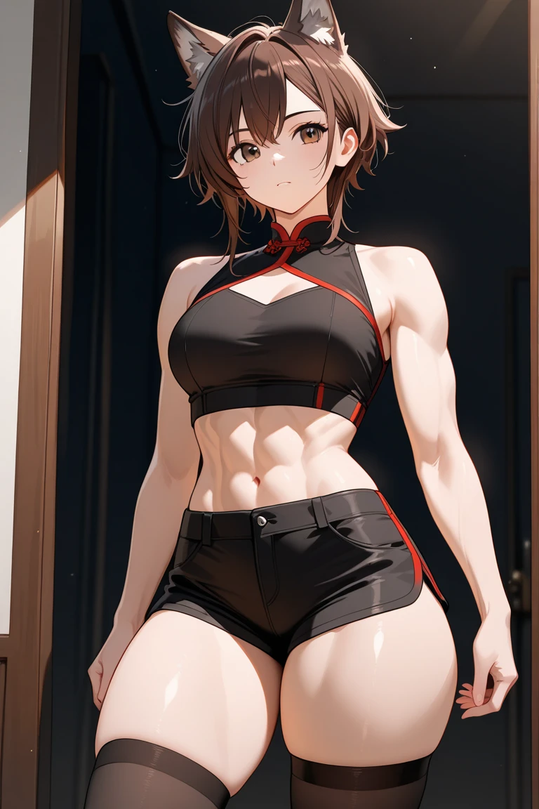 ((Masterpiece, best-quality, ultra detailed, good eyes)), Japanese, athletic, short brown hair in a bob cut, crop top, abs, (arrogant look, brown eyes), looking down at camera