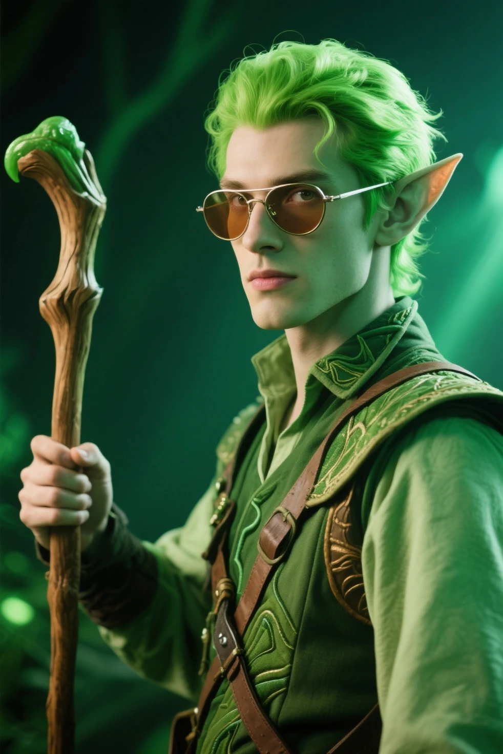An elf sorcerer with green hair, golden eyes, holding a smiling skull with a fireplace behind him