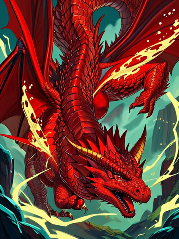 old large red dragon breathing animated lightening, on a hero who is holding a shield to protect themselves from the lightening