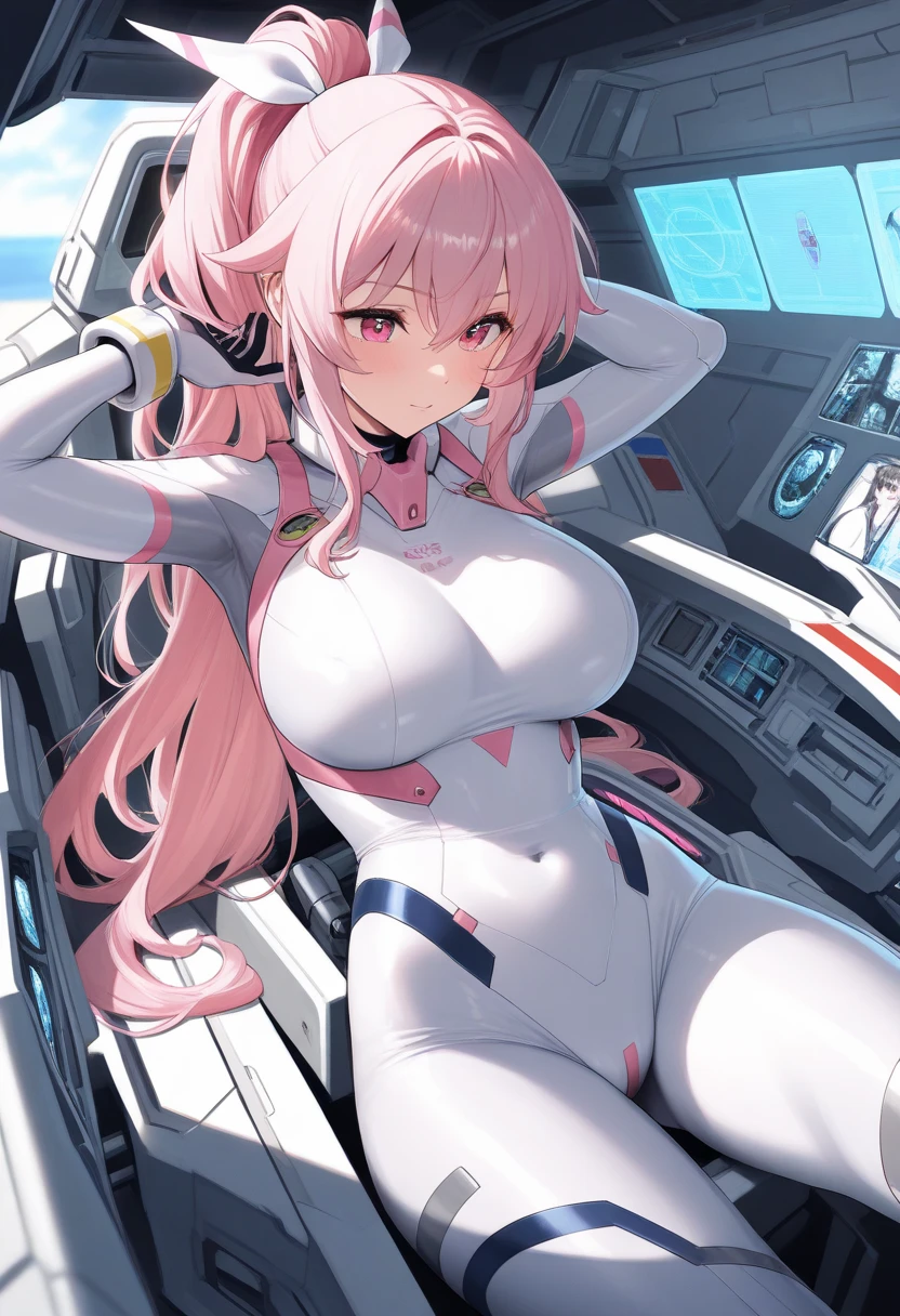 (Masterpiece)), ((highest image quality)), ((highest image quality)), (illustration of one person), full body, (((25 years old)), (face is a girl, body is a man)), (((pink hair twin tails)), light gray eyes, ((tall)), ((flat)), (small breasts), ((muscular strong male body)), (muscular chest plate)), (muscular and thick arms)), (muscular and thick legs)), (( ( manspreading)), open legs, ((white pilot suit)), ((in the cockpit)), (space on the monitor, Earth seen from space, spaceport)