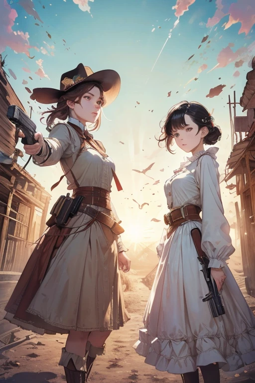 an anime illustration of three  girls,
first character (Age: 19,Height: 5'7",Personality: Confident, charismatic, and adventurous,Clothing: Typically wears a green outfit and a wide-brimmed hat, with a pair of binoculars hanging from her neck,Weapon: A pair of throwing knives),
second character (Age: 17,Height: 5'3",Personality: Shy, kind, and intelligent,Clothing: Typically wears a yellow sundress and a pair of sandals, with a large bag filled with supplies,Weapon: A collapsible staff that can be used for both defense and offense),
third character (Age: 18,Height: 5'6",Personality: Brave, fiery, and passionate,Clothing: Typically wears a red leather jacket and a pair of boots, with a pair of earrings that resemble flames,Weapon: A pair of guns that can fire both regular bullets and magical ones),
as they stand together  looking determined and ready for action, the background should be a dense jungle, filled with vines and leaves, with a distant glimpse of a treasure-filled temple suggesting the goal of their quest, the overall feel should be adventurous and thrilling, with a sense of danger and excitement, all girls should look confident and capable, with a sense of camaraderie and friendship between them.