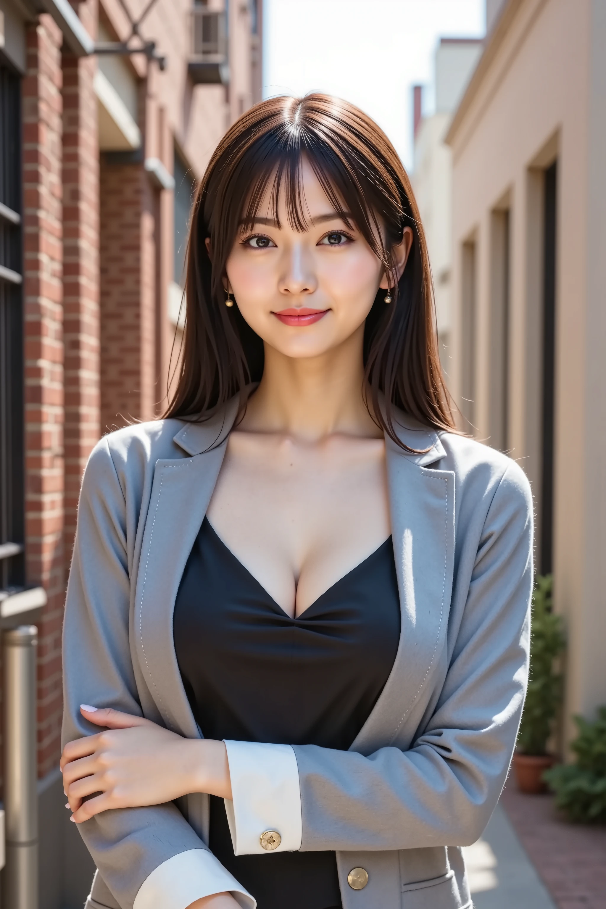 firm and big breasts, cleavage, A realistic photographic composition framed from just below the shoulders of a female professional standing in a narrow urban alley, ensuring her entire head is fully visible within the frame without any cropping at the top edge. She wears a tailored mid-gray blazer made of wool blend with crisp white lapels and pocket flaps edged with topstitched seams, the single brushed gold button closure resting at her natural waist and creating soft tension folds. Beneath the blazer is a matte black silk blouse with a subtle scoop neckline just below the collarbones, its smooth drape and slight sheen rendered in lifelike detail. The blazer sleeves end at the wrists, exposing white cotton shirt cuffs fastened by small mother-of-pearl cufflinks, the cuffs showing fine stitching and gentle creases. A light breeze lifts the lapel edges gently, creating natural movement and subtle fold variations across the fabric. Her hands hang relaxed below the frame edge, fingers slightly curved. Behind her, the alleyway extends into the distance. On the left, weathered red brick walls reveal faded mortar lines and sprouting ivy; on the right, a pale stucco façade with wrought-iron window grilles and a recessed doorway. Stainless steel drainpipes rise along the walls, and overhead, utility cables crisscross between buildings, casting linear shadows. A patch of bright sky is visible above distant rooftops. The scene is captured using an 85 mm equivalent prime lens at f/2.2 on a full-frame sensor to produce a shallow depth of field: the subject remains sharp while the background dissolves into smooth circular bokeh highlights. The camera is positioned at eye level, parallel to her eyes, maintaining realistic perspective and a sense of presence. Natural mid-morning daylight provides soft even illumination, casting subtle highlights on fabric and brick textures while preserving gentle shadow transitions. The dynamic range preserves ful, firm and big breasts, cleavage