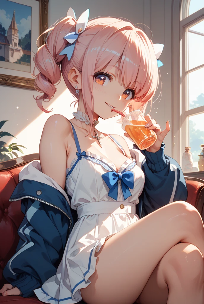 cute,girl,(coral pink hair:1.2),(wave hair:1.1),(yellow eyes:1.1),🍻,Cheers with beer🍺,(living room:1.3),open your mouth,smile,(negligee、lace:1.1),spread your legs.