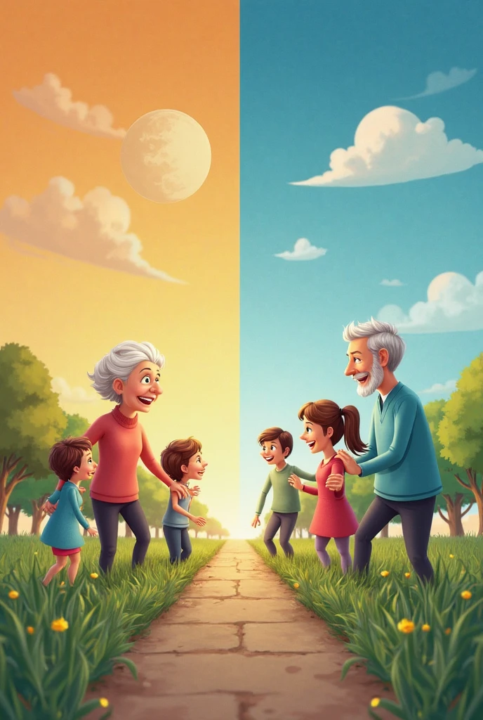 a child with an elderly person, the child looking confused, busy parents' backs in the distance; another picture of a child with parents, both smiling brightly, cartoon, cute cartoon, cute cartoon style, motherly love, cute illustration, clean anime art, a park background.