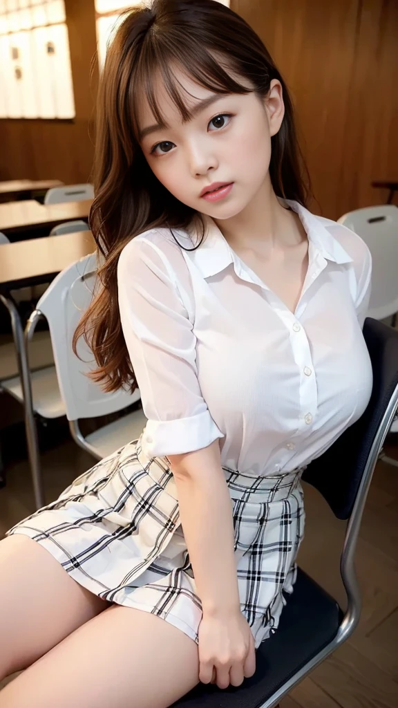 Fascinating anime, [ 4K Digital Art ]!!,Hyperrealistic Painting, Art with attention to detail, 8K high resolution, Detailed Art,Curvy Tanned Gal,(puppet,Thick lips:1.2),Dress shirt,cardigan,Side details,Pleated skirt,Brown Loafers,Blonde,(Dark Skip:1.3),loose socks,Sweaty,close,Squatting on a desk,In the classroom,(Blushed),、((Spread your legs、Her white panties are in full view)), (Open your shirt to reveal your bra)